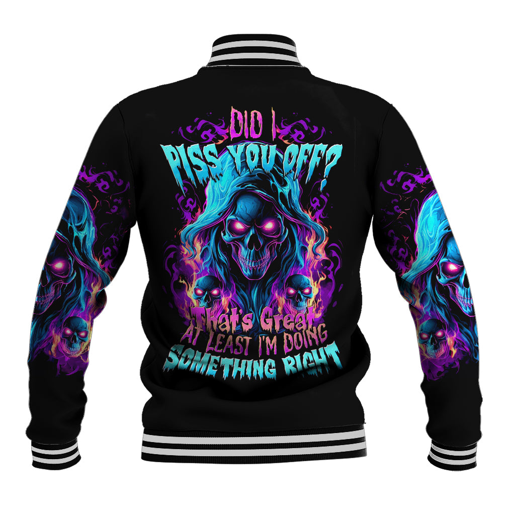 Black baseball jacket with flame skull back graphic and striped ribbed collar/cuffs