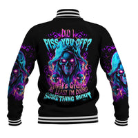 Black baseball jacket with flame skull back graphic and striped ribbed collar/cuffs