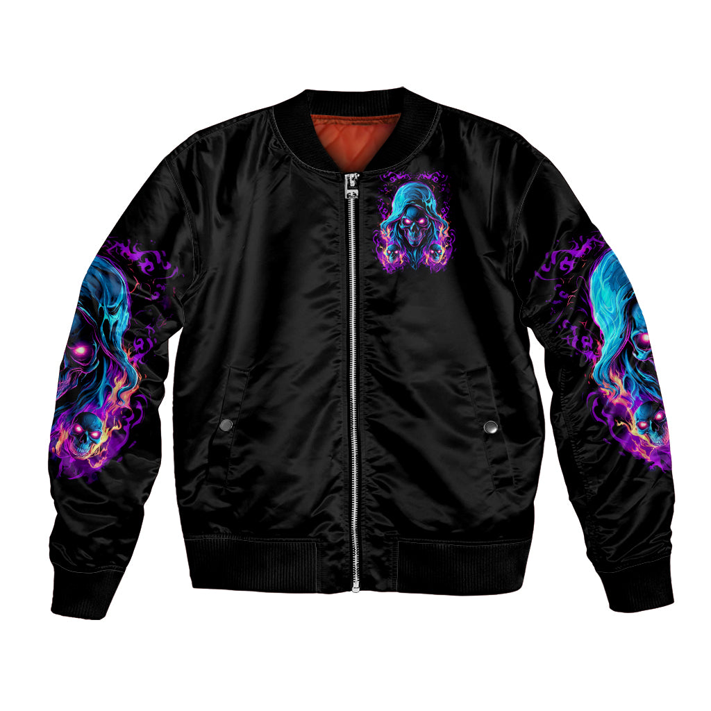 Black bomber jacket with flame skull front graphic and full zip closure