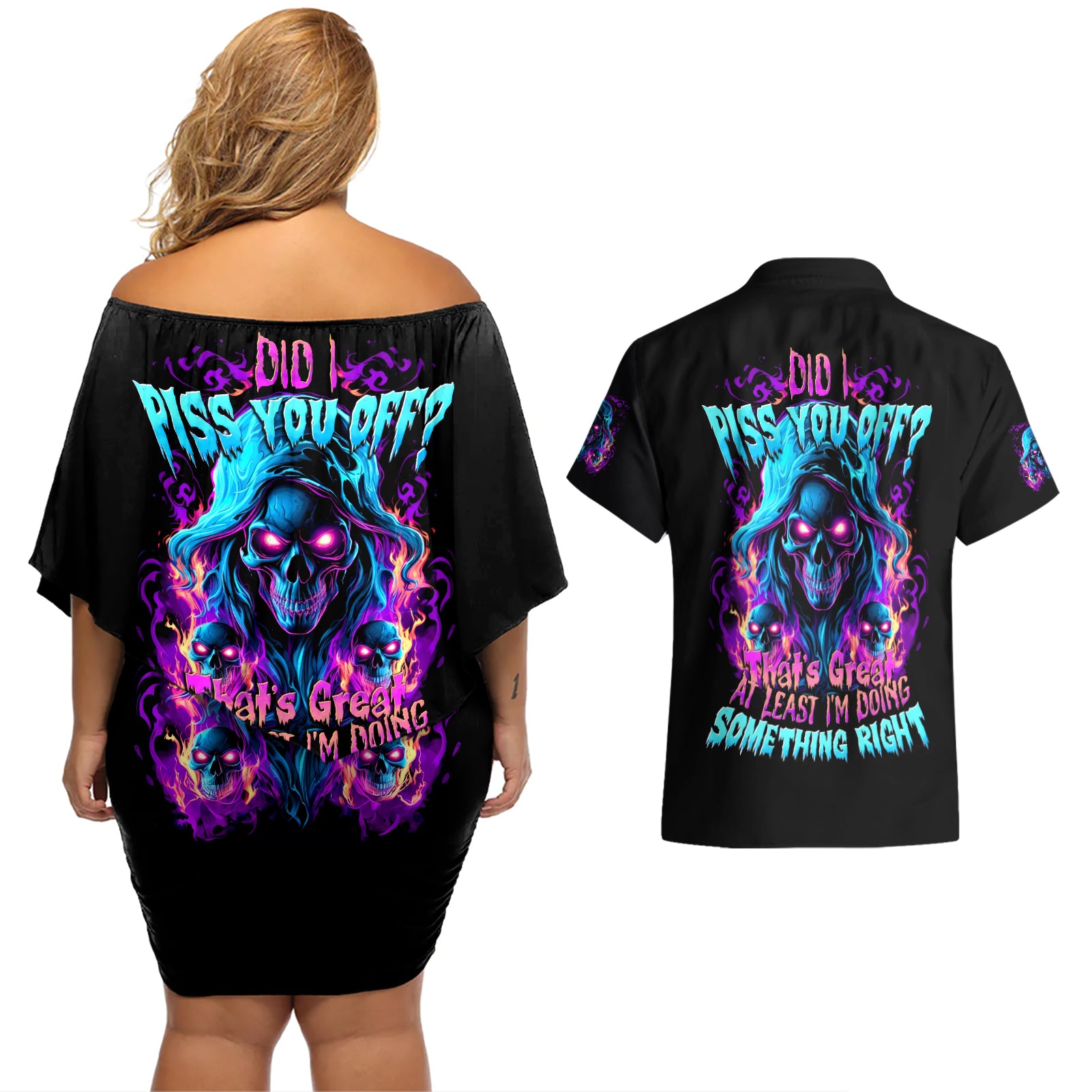 Flame Skull Couples Matching Off Shoulder Short Dress and Hawaiian Shirt Did I Piss You Off That Great At Least I'm Doing Something Right - Wonder Print Shop