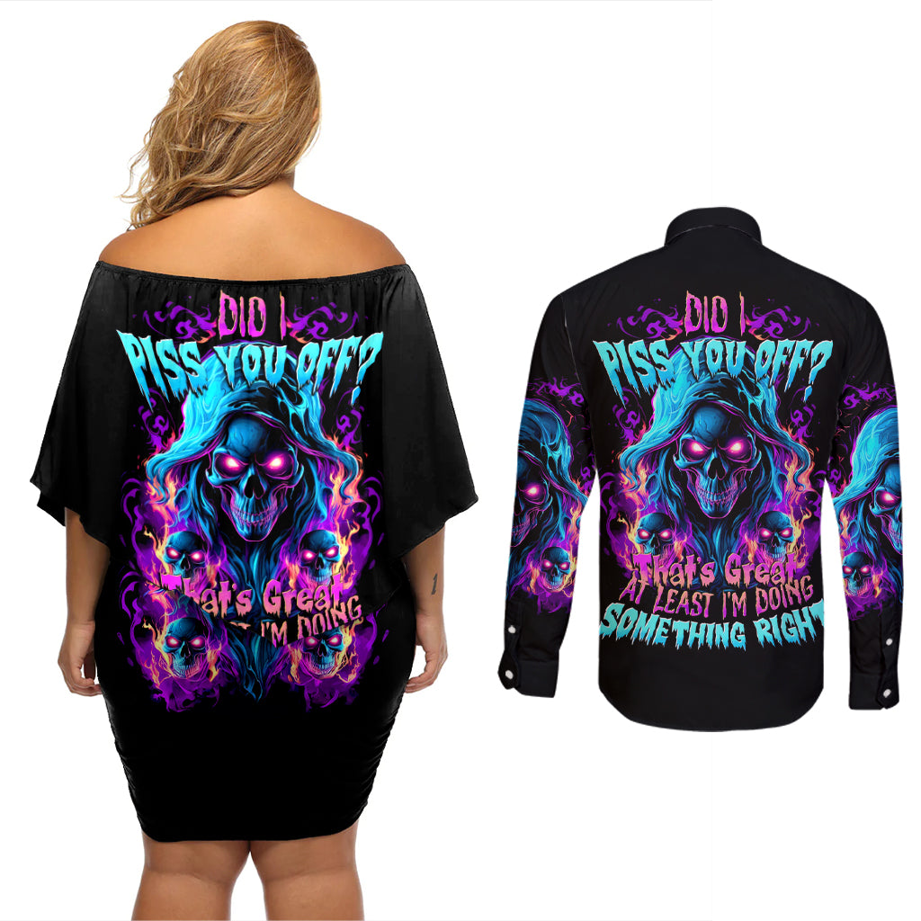 Flame Skull Couples Matching Off Shoulder Short Dress and Long Sleeve Button Shirt Did I Piss You Off That Great At Least I'm Doing Something Right - Wonder Print Shop