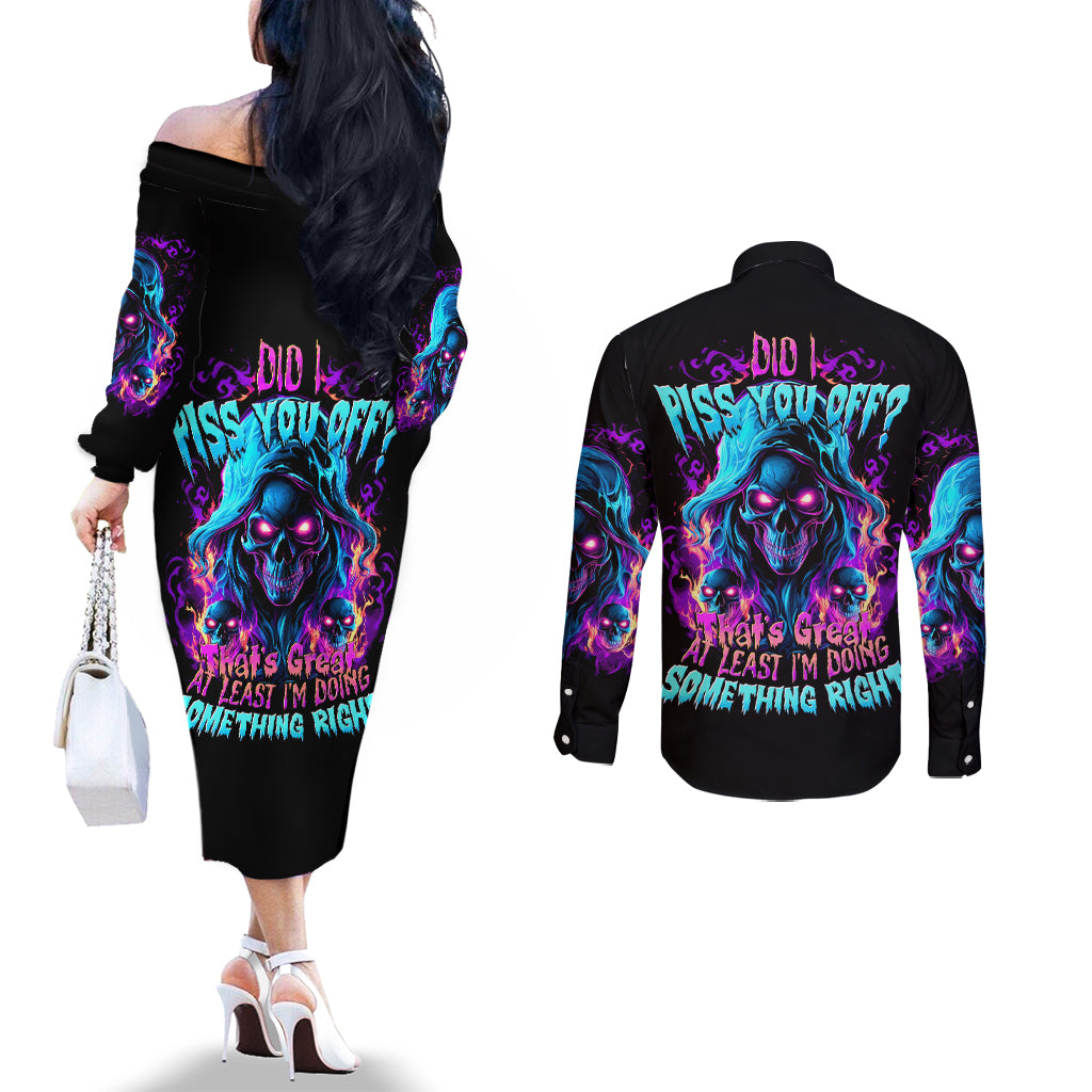 Flame Skull Couples Matching Off The Shoulder Long Sleeve Dress and Long Sleeve Button Shirt Did I Piss You Off That Great At Least I'm Doing Something Right