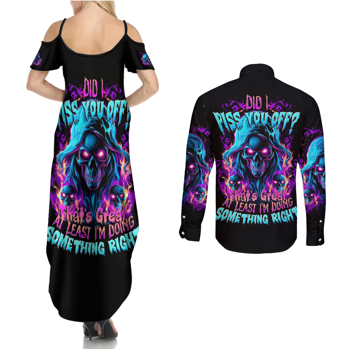 Flame Skull Couples Matching Summer Maxi Dress and Long Sleeve Button Shirt Did I Piss You Off That Great At Least I'm Doing Something Right - Wonder Print Shop