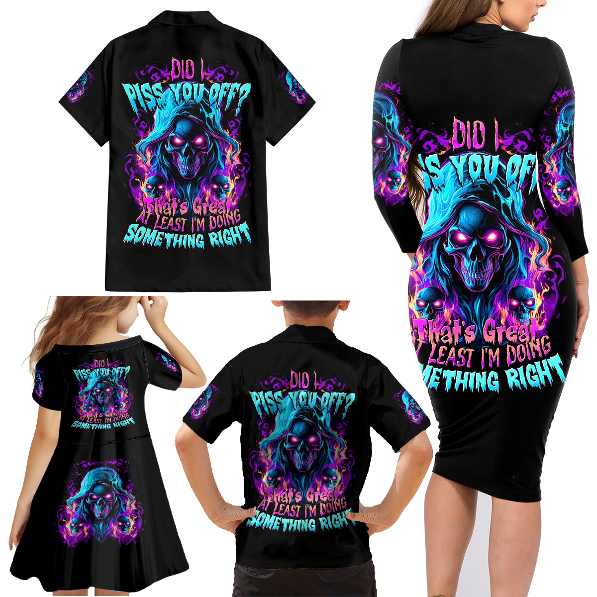 Flame Skull Family Matching Long Sleeve Bodycon Dress and Hawaiian Shirt Did I Piss You Off That Great At Least I'm Doing Something Right - Wonder Print Shop