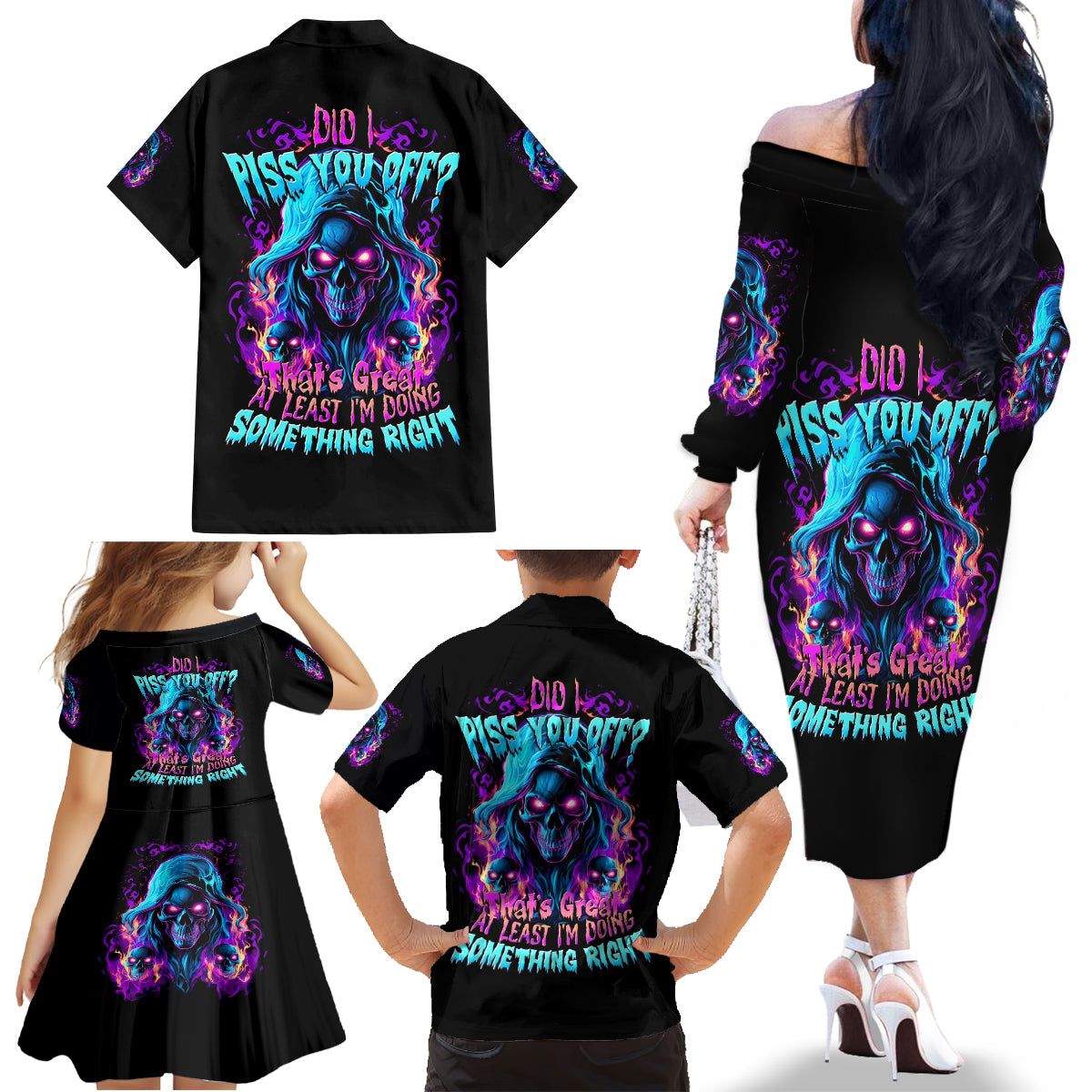 Flame Skull Family Matching Off Shoulder Long Sleeve Dress and Hawaiian Shirt Did I Piss You Off That Great At Least I'm Doing Something Right - Wonder Print Shop