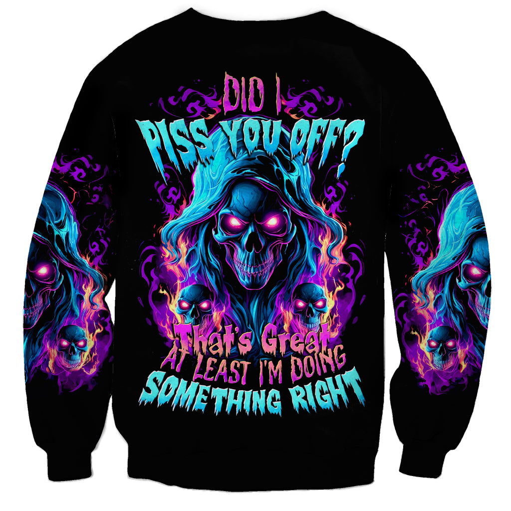 Unisex black crewneck sweatshirt with blue/purple flame skull graphic and slogan text