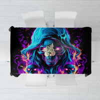 Black flame skull tablecloth with purple and blue flame skull graphic