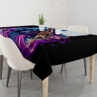 Black flame skull tablecloth with purple blue flame skull artwork, table surface view
