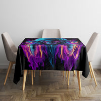 Black flame skull tablecloth with purple and blue flame skull pattern, centered on dining table