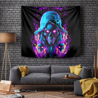 Black wall tapestry featuring a neon blue flame skull with glowing purple and pink accents
