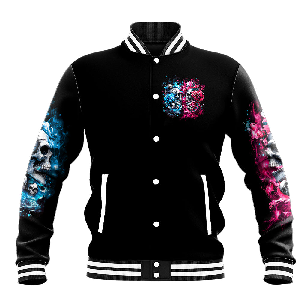 Black unisex baseball jacket, button-up front with skull and neon rose burst sleeves