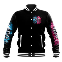 Black unisex baseball jacket, button-up front with skull and neon rose burst sleeves