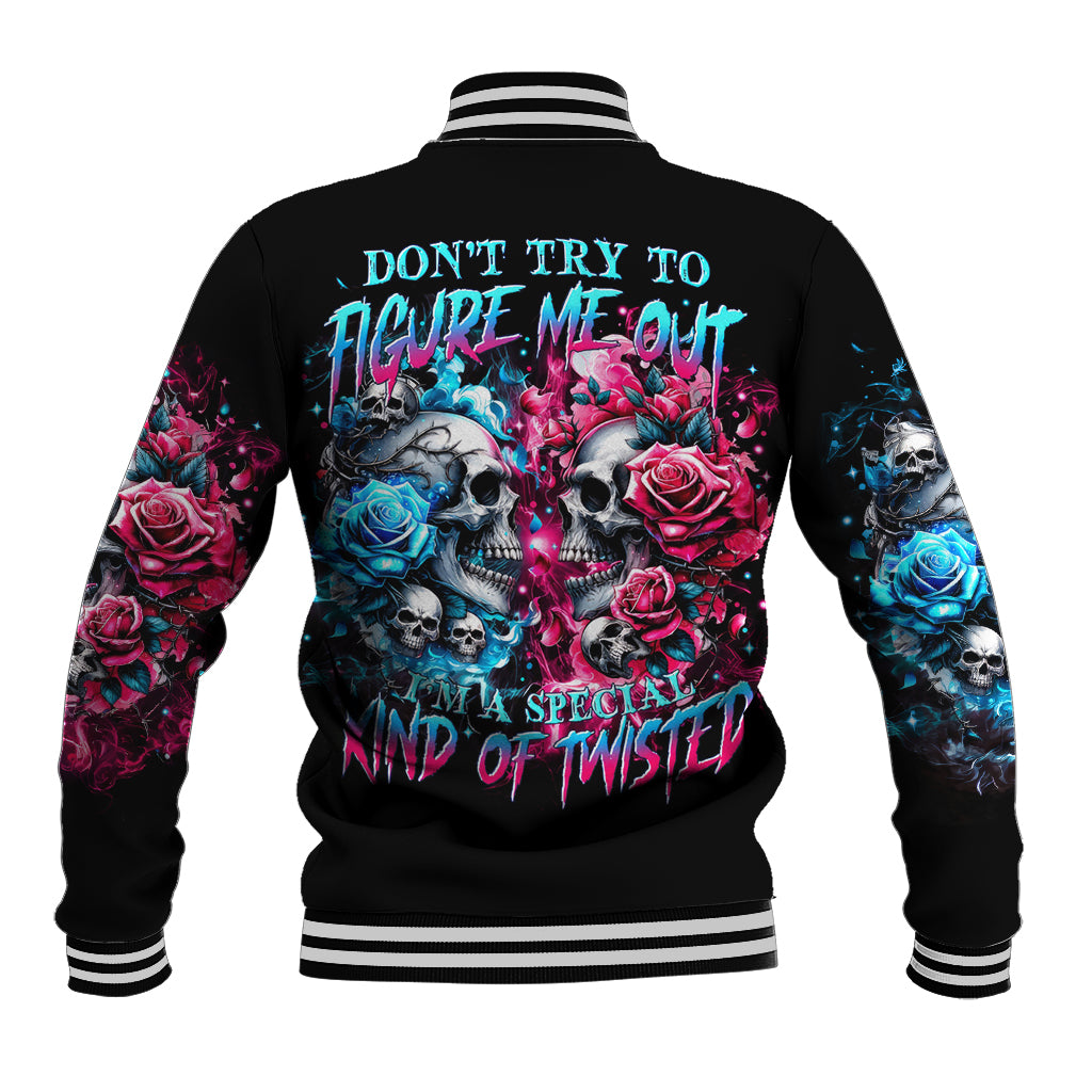 Black unisex baseball jacket, ribbed stripes and colorful skull rose graphic on back