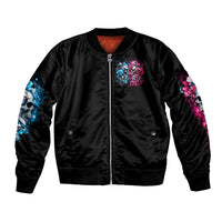 Black unisex bomber jacket front zip with colorful skull and rose patch