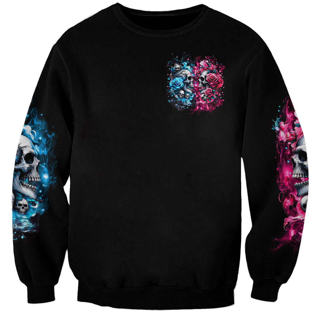 Unisex black sweatshirt with small chest skull and rose print, colorful sleeve panels