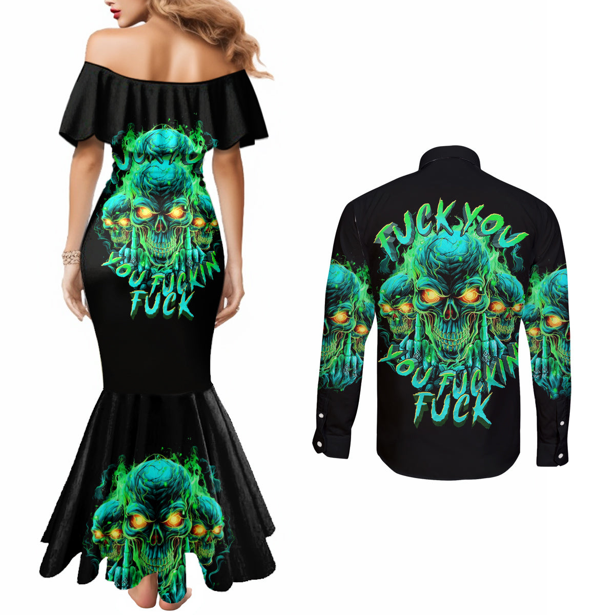 Flame Skull Couples Matching Mermaid Dress and Long Sleeve Button Shirt Fuck You You Fuckin Fuck