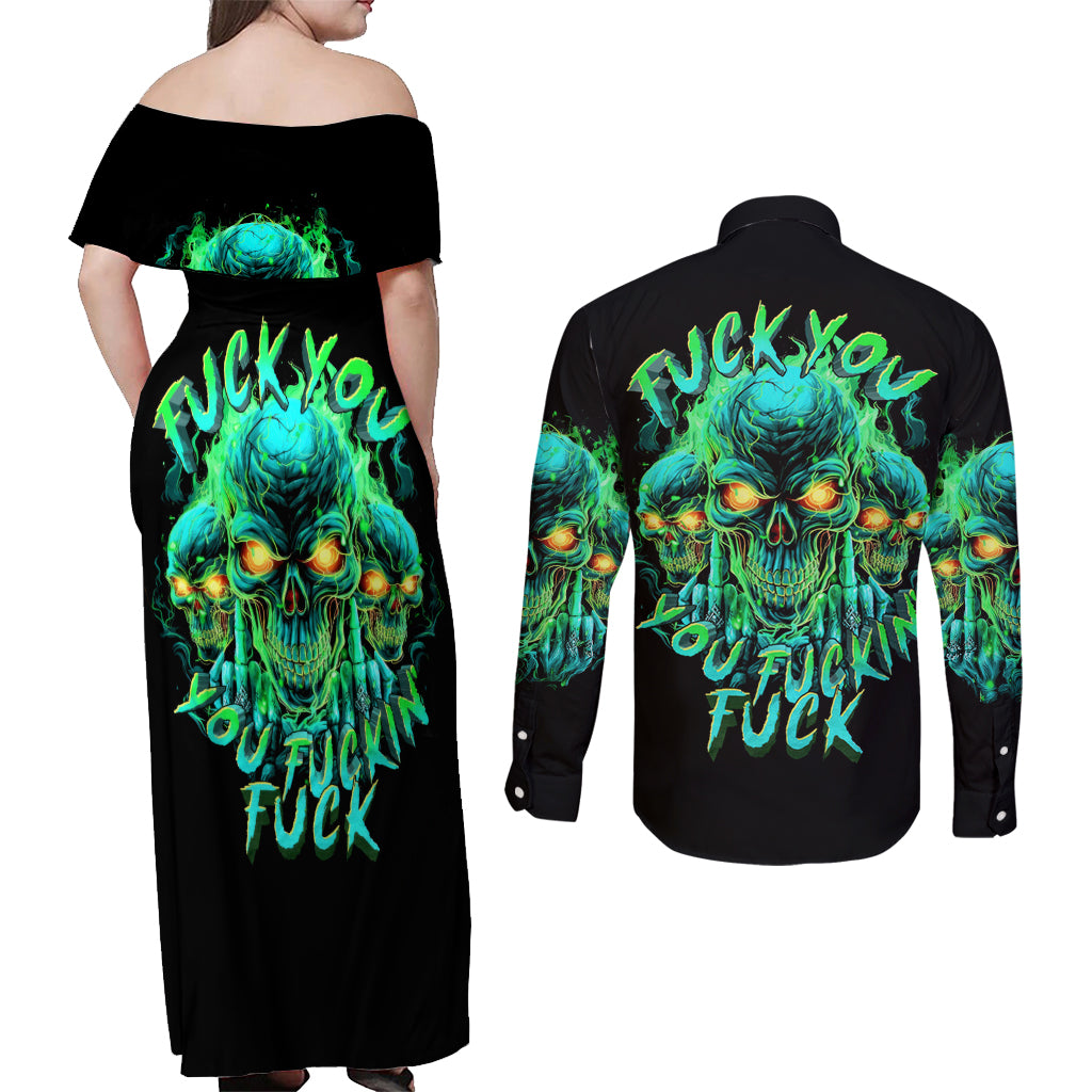 Flame Skull Couples Matching Off Shoulder Maxi Dress and Long Sleeve Button Shirt Fuck You You Fuckin Fuck - Wonder Print Shop