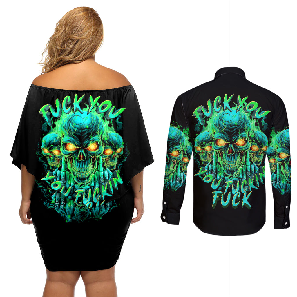 Flame Skull Couples Matching Off Shoulder Short Dress and Long Sleeve Button Shirt Fuck You You Fuckin Fuck - Wonder Print Shop