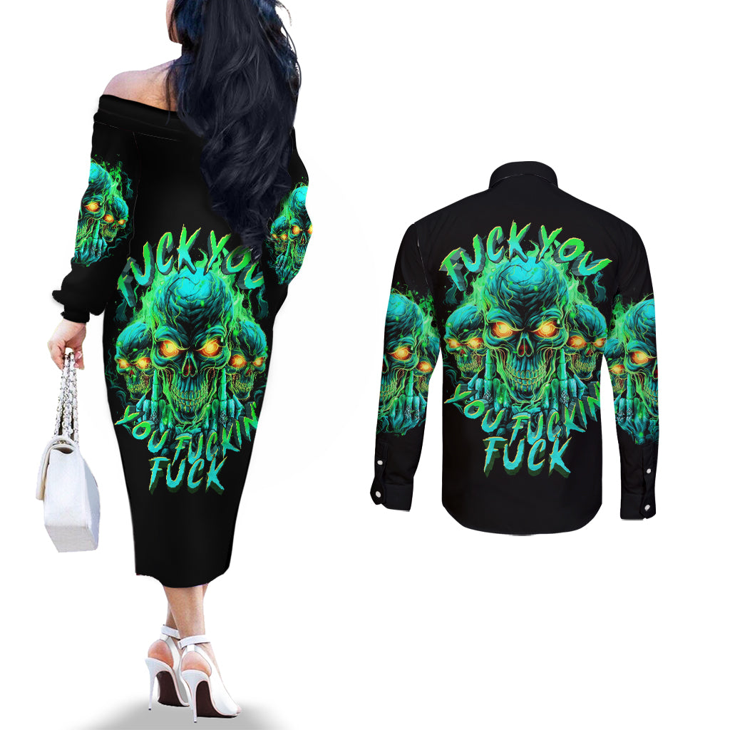 Flame Skull Couples Matching Off The Shoulder Long Sleeve Dress and Long Sleeve Button Shirt Fuck You You Fuckin Fuck