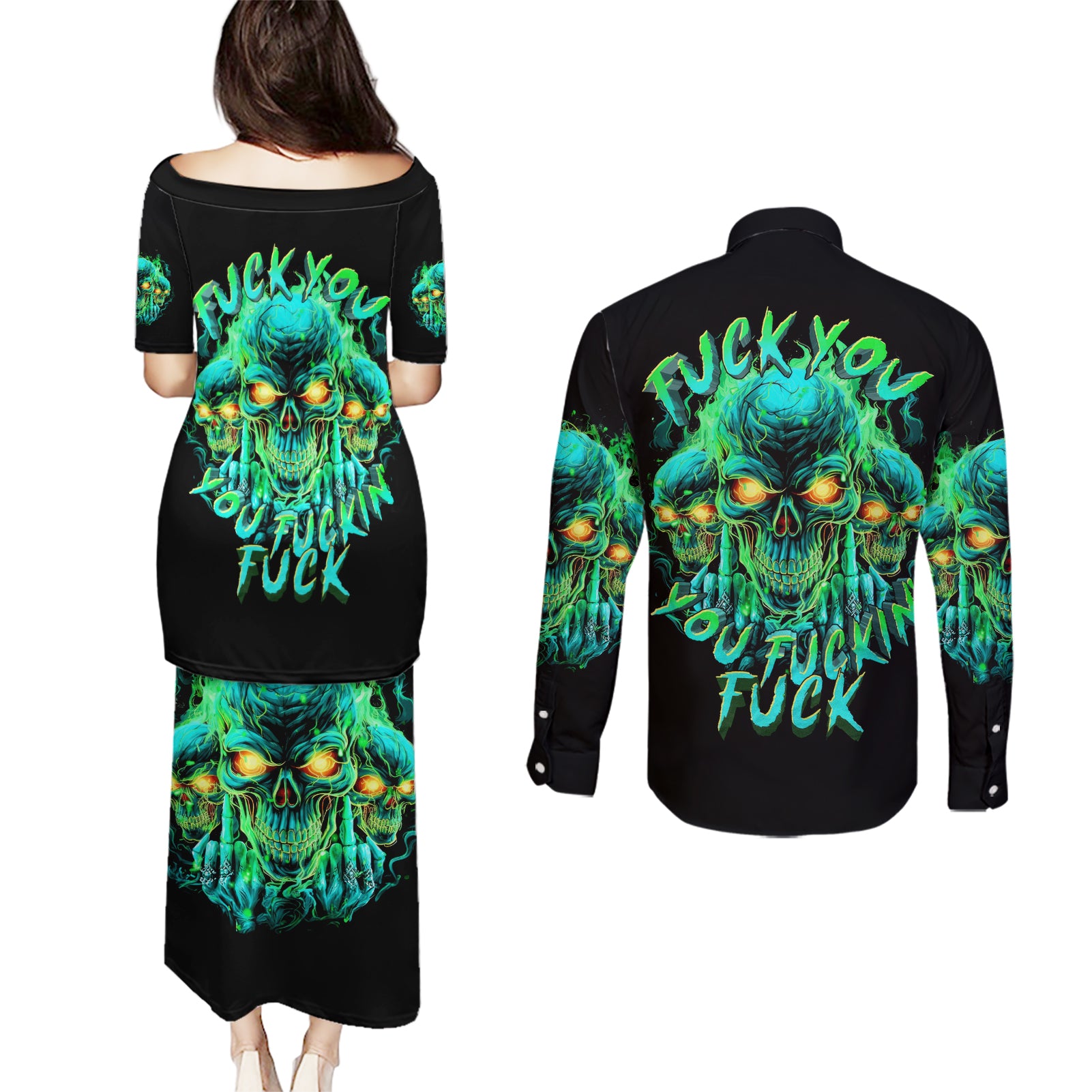 Flame Skull Couples Matching Puletasi and Long Sleeve Button Shirt Fuck You You Fuckin Fuck - Wonder Print Shop