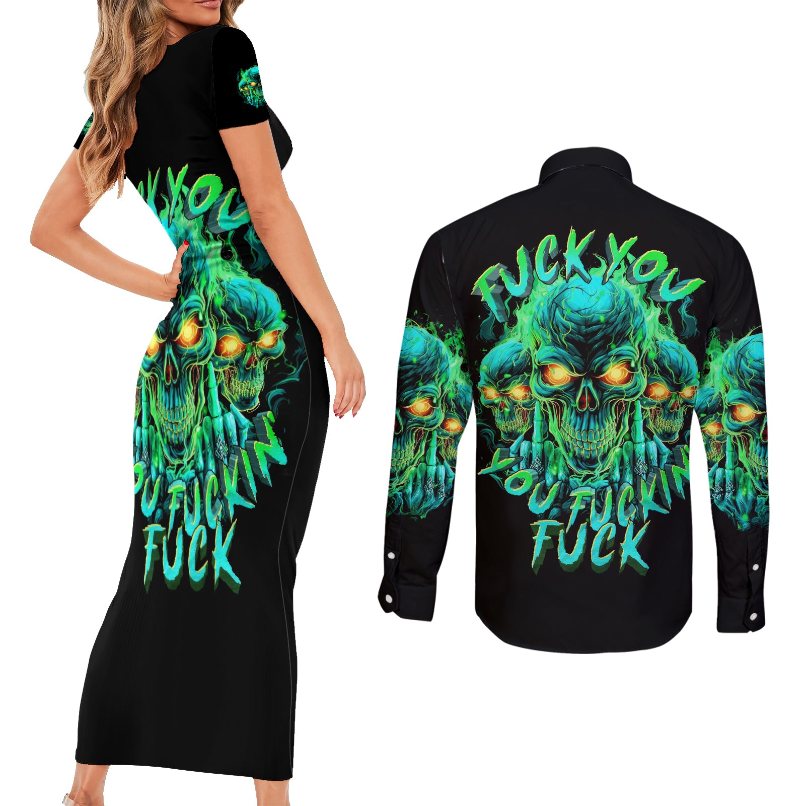 Flame Skull Couples Matching Short Sleeve Bodycon Dress and Long Sleeve Button Shirt Fuck You You Fuckin Fuck - Wonder Print Shop