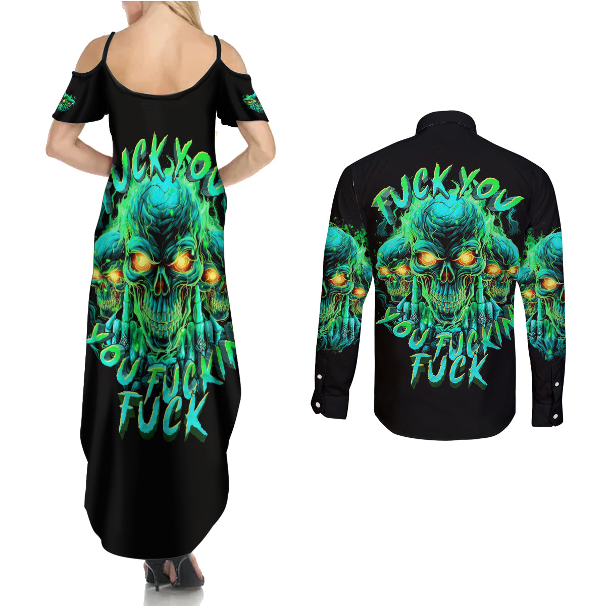 Flame Skull Couples Matching Summer Maxi Dress and Long Sleeve Button Shirt Fuck You You Fuckin Fuck - Wonder Print Shop