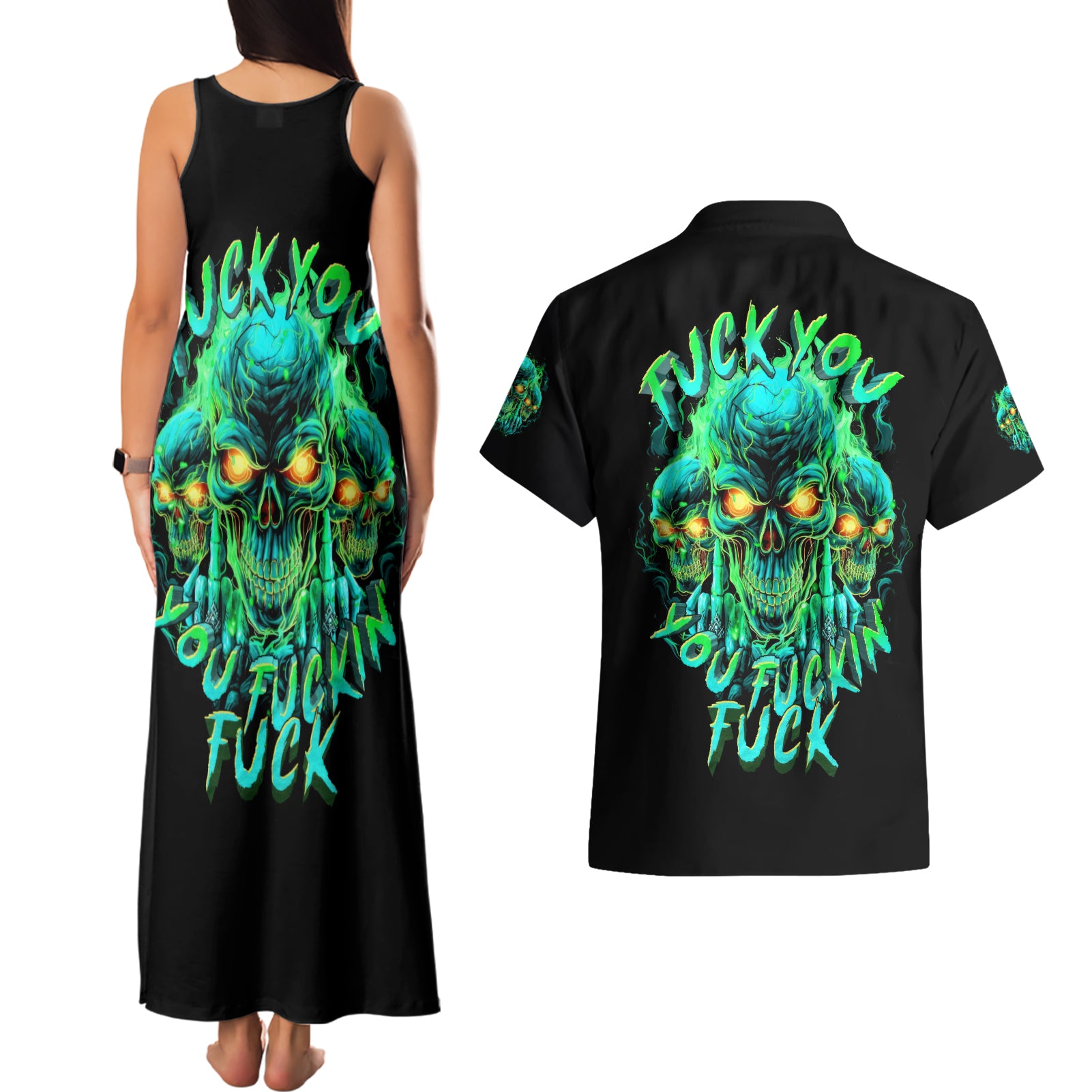 Flame Skull Couples Matching Tank Maxi Dress and Hawaiian Shirt Fuck You You Fuckin Fuck - Wonder Print Shop