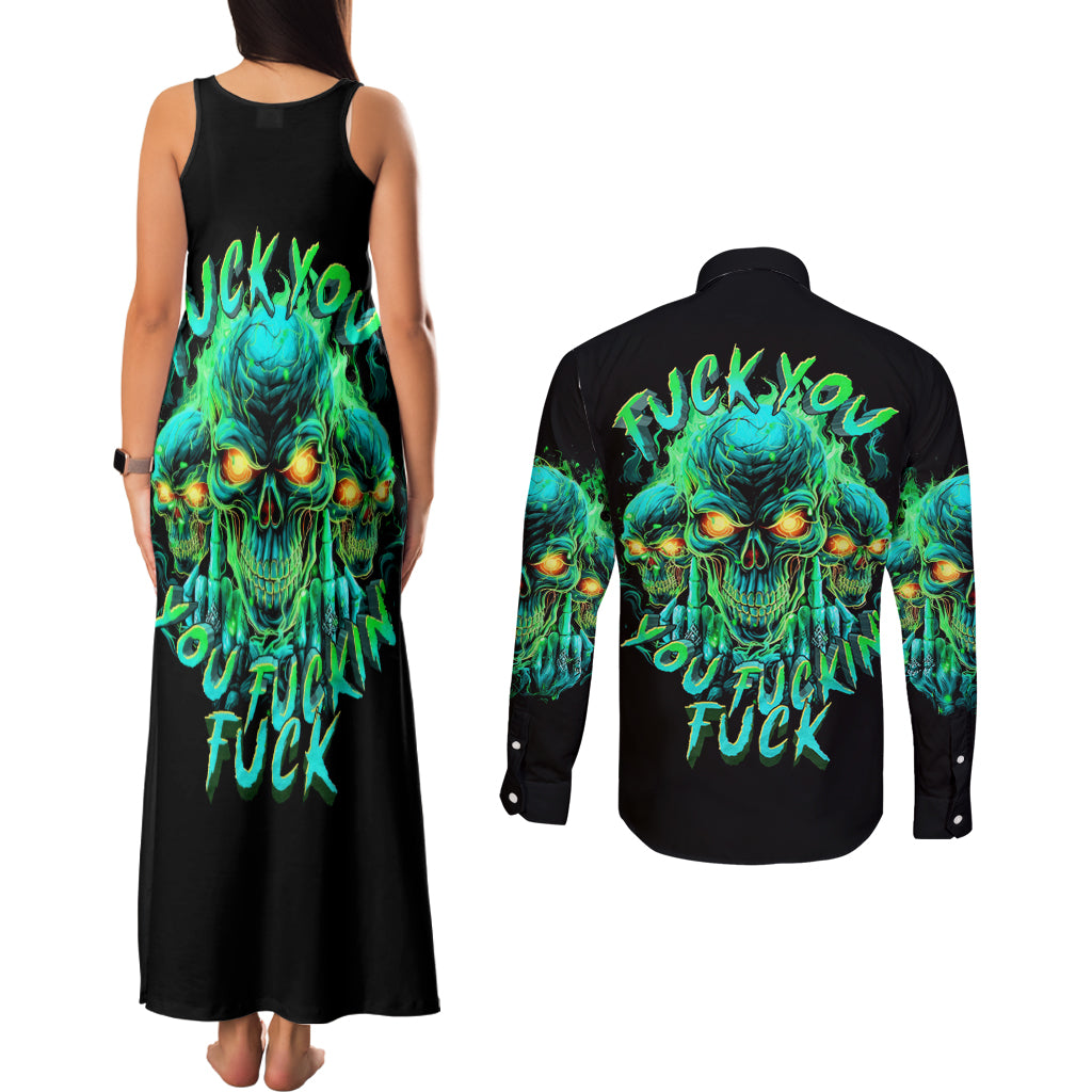 Flame Skull Couples Matching Tank Maxi Dress and Long Sleeve Button Shirt Fuck You You Fuckin Fuck - Wonder Print Shop