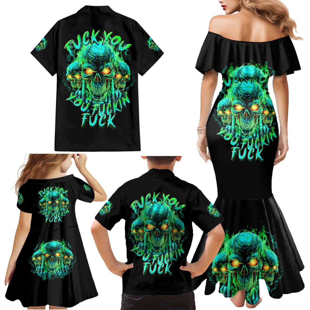 Flame Skull Family Matching Mermaid Dress and Hawaiian Shirt Fuck You You Fuckin Fuck - Wonder Print Shop