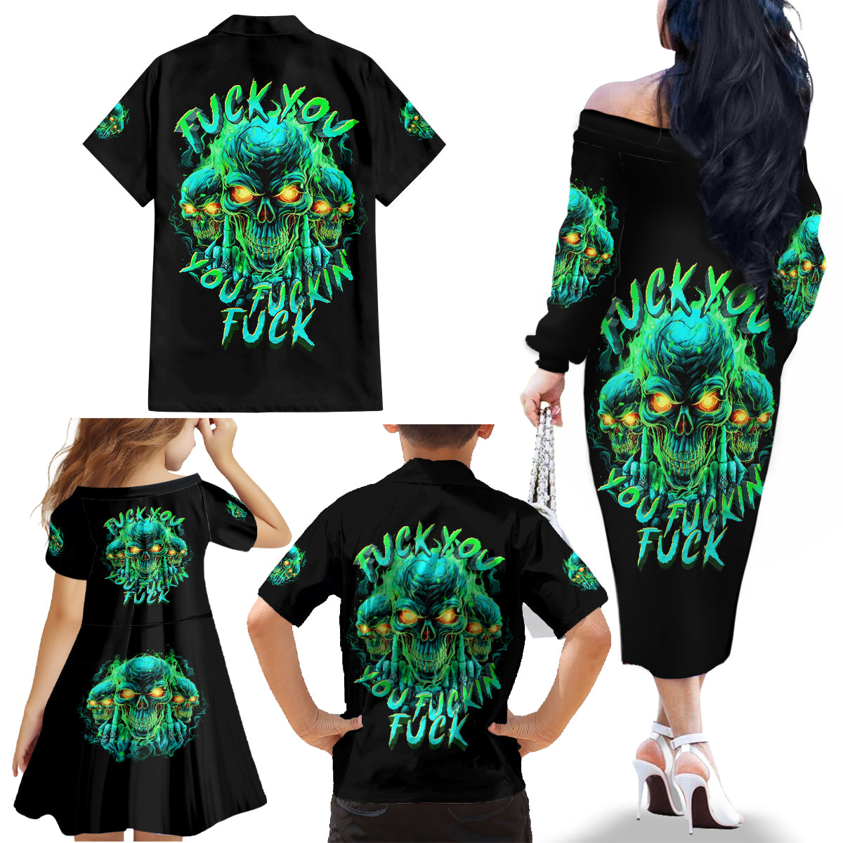 Flame Skull Family Matching Off Shoulder Long Sleeve Dress and Hawaiian Shirt Fuck You You Fuckin Fuck - Wonder Print Shop