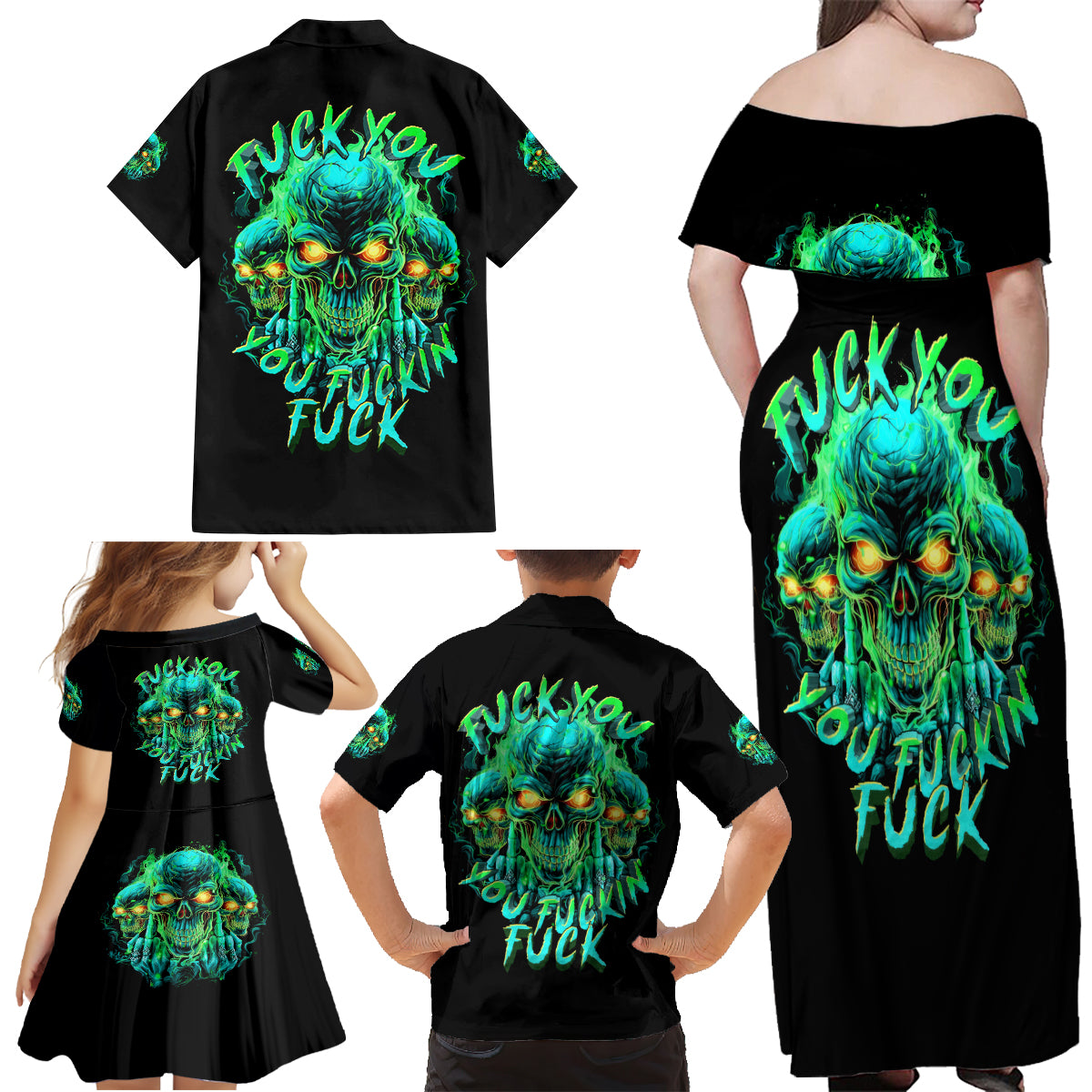 Flame Skull Family Matching Off Shoulder Maxi Dress and Hawaiian Shirt Fuck You You Fuckin Fuck - Wonder Print Shop