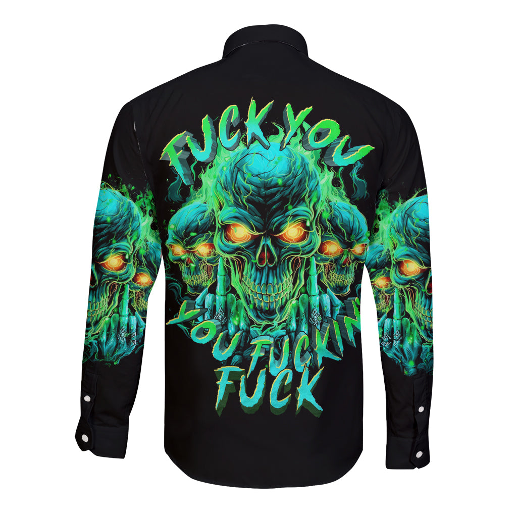 Flame Skull Long Sleeve Button Shirt Fuck You You Fuckin Fuck - Wonder Print Shop