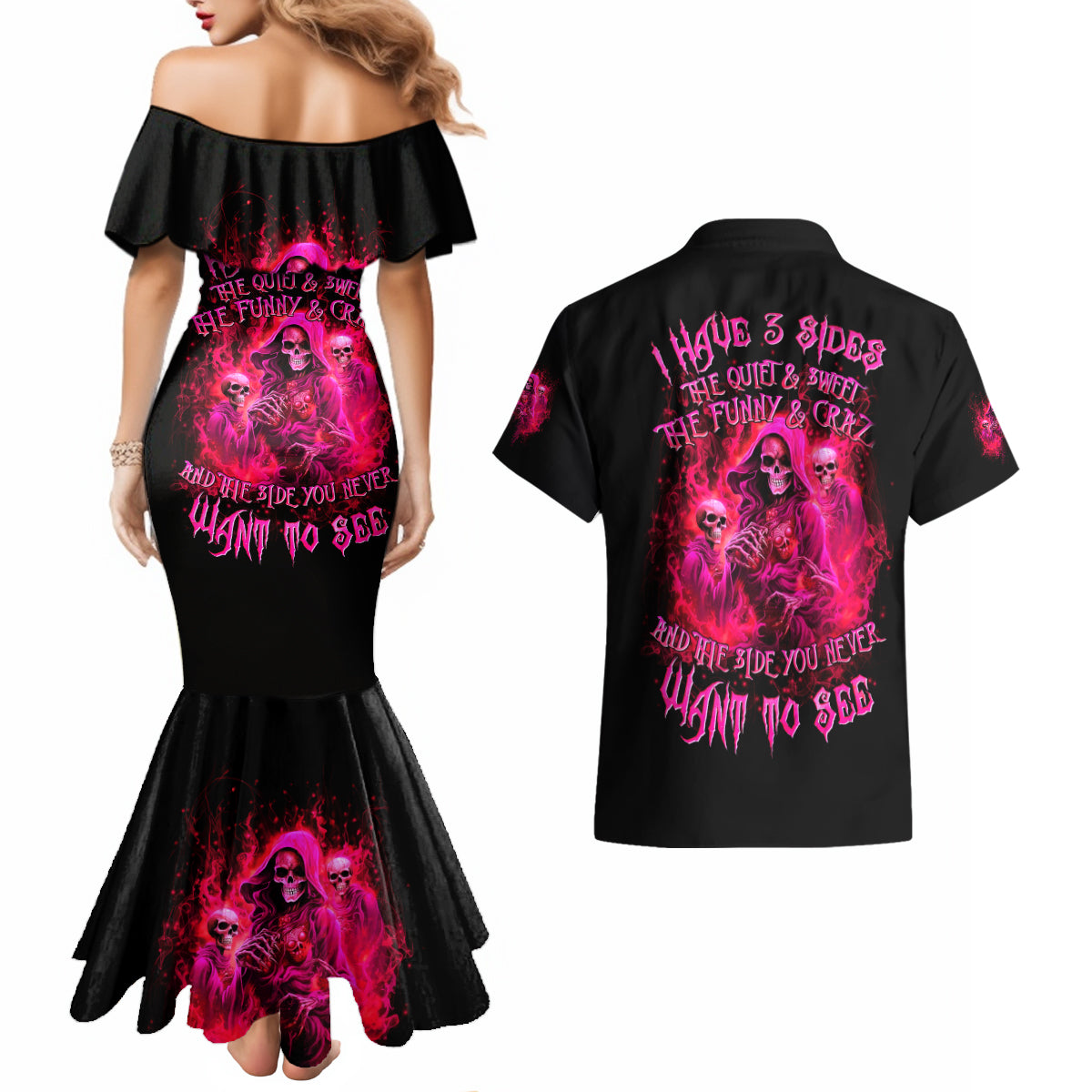 Flame Skull Couples Matching Mermaid Dress and Hawaiian Shirt I Have 3 Sides Quite Sweet Funny Crazy And The Side You Never See - Wonder Print Shop