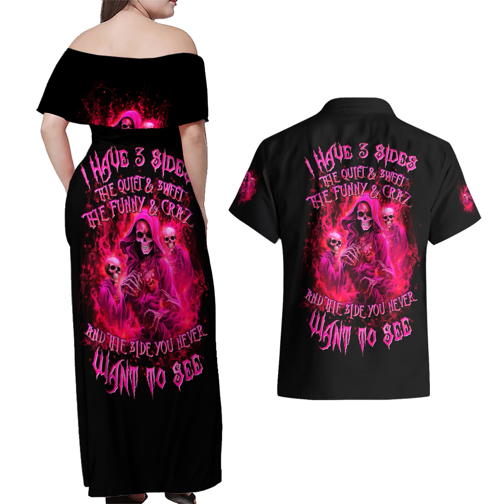 Flame Skull Couples Matching Off Shoulder Maxi Dress and Hawaiian Shirt I Have 3 Sides Quite Sweet Funny Crazy And The Side You Never See - Wonder Print Shop