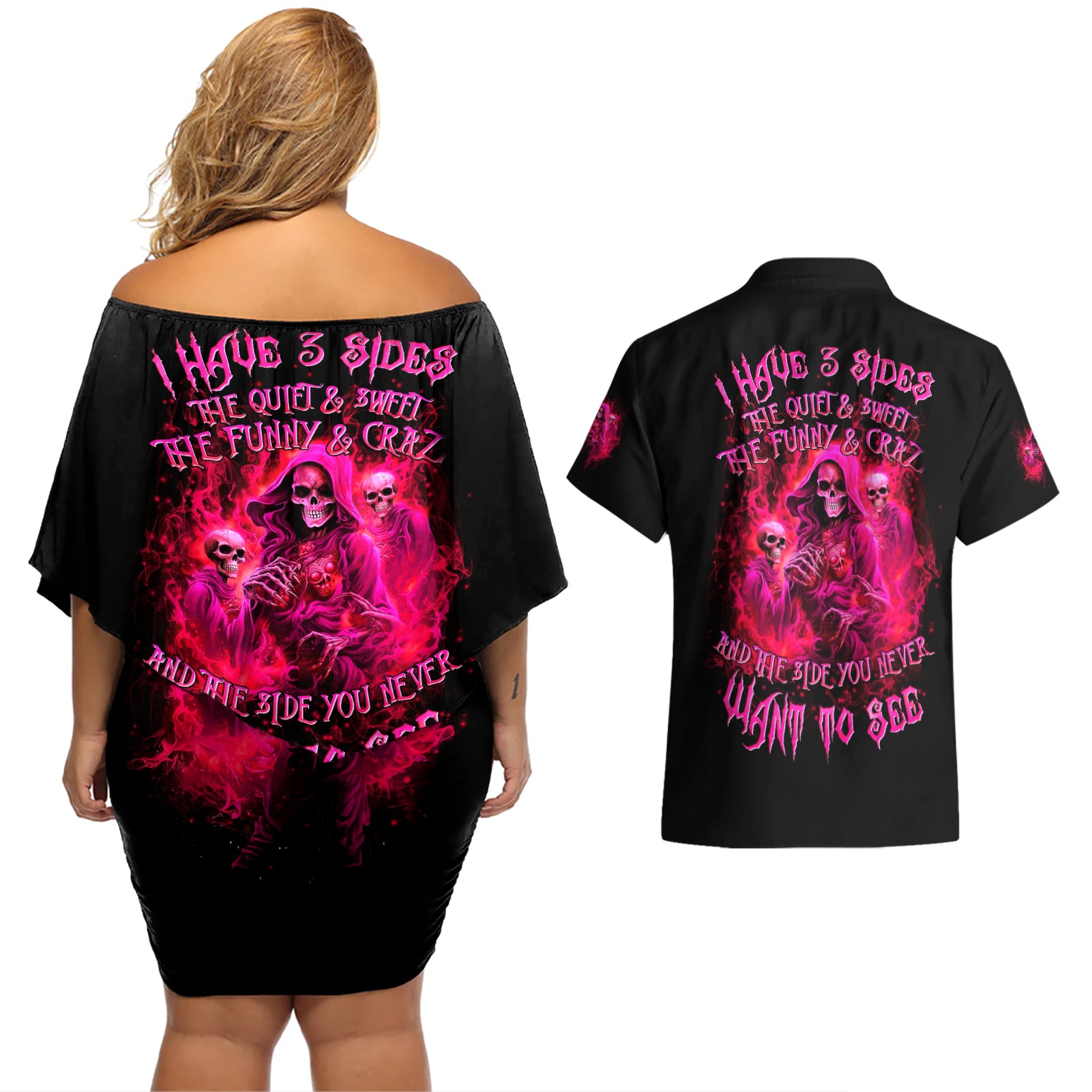 Flame Skull Couples Matching Off Shoulder Short Dress and Hawaiian Shirt I Have 3 Sides Quite Sweet Funny Crazy And The Side You Never See - Wonder Print Shop