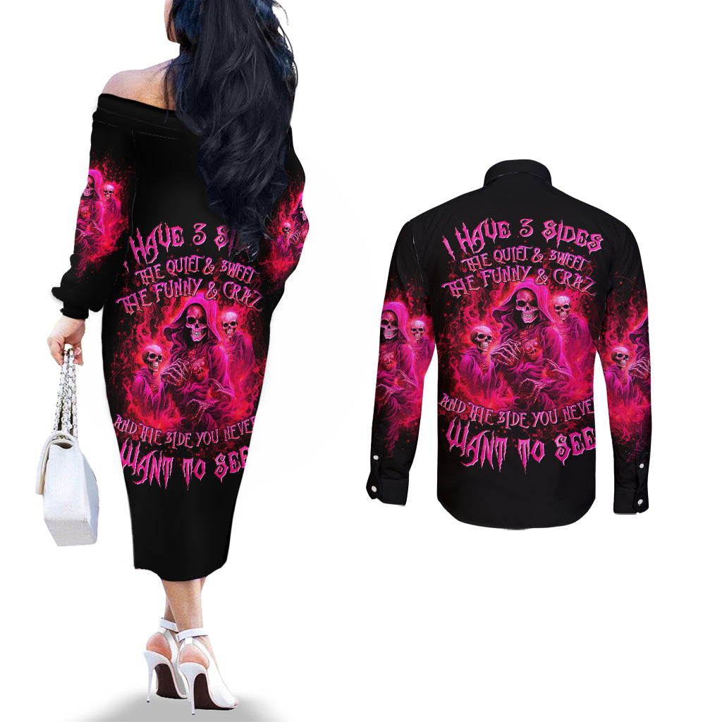 Flame Skull Couples Matching Off The Shoulder Long Sleeve Dress and Long Sleeve Button Shirt I Have 3 Sides Quite Sweet Funny Crazy And The Side You Never See