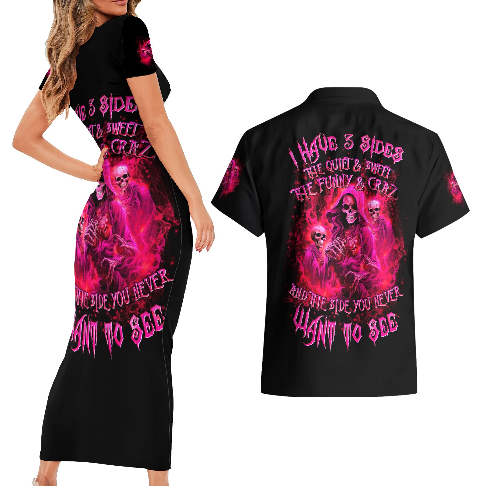 Flame Skull Couples Matching Short Sleeve Bodycon Dress and Hawaiian Shirt I Have 3 Sides Quite Sweet Funny Crazy And The Side You Never See - Wonder Print Shop