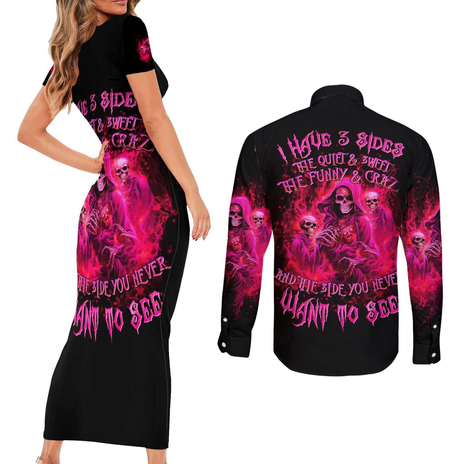 Flame Skull Couples Matching Short Sleeve Bodycon Dress and Long Sleeve Button Shirt I Have 3 Sides Quite Sweet Funny Crazy And The Side You Never See - Wonder Print Shop