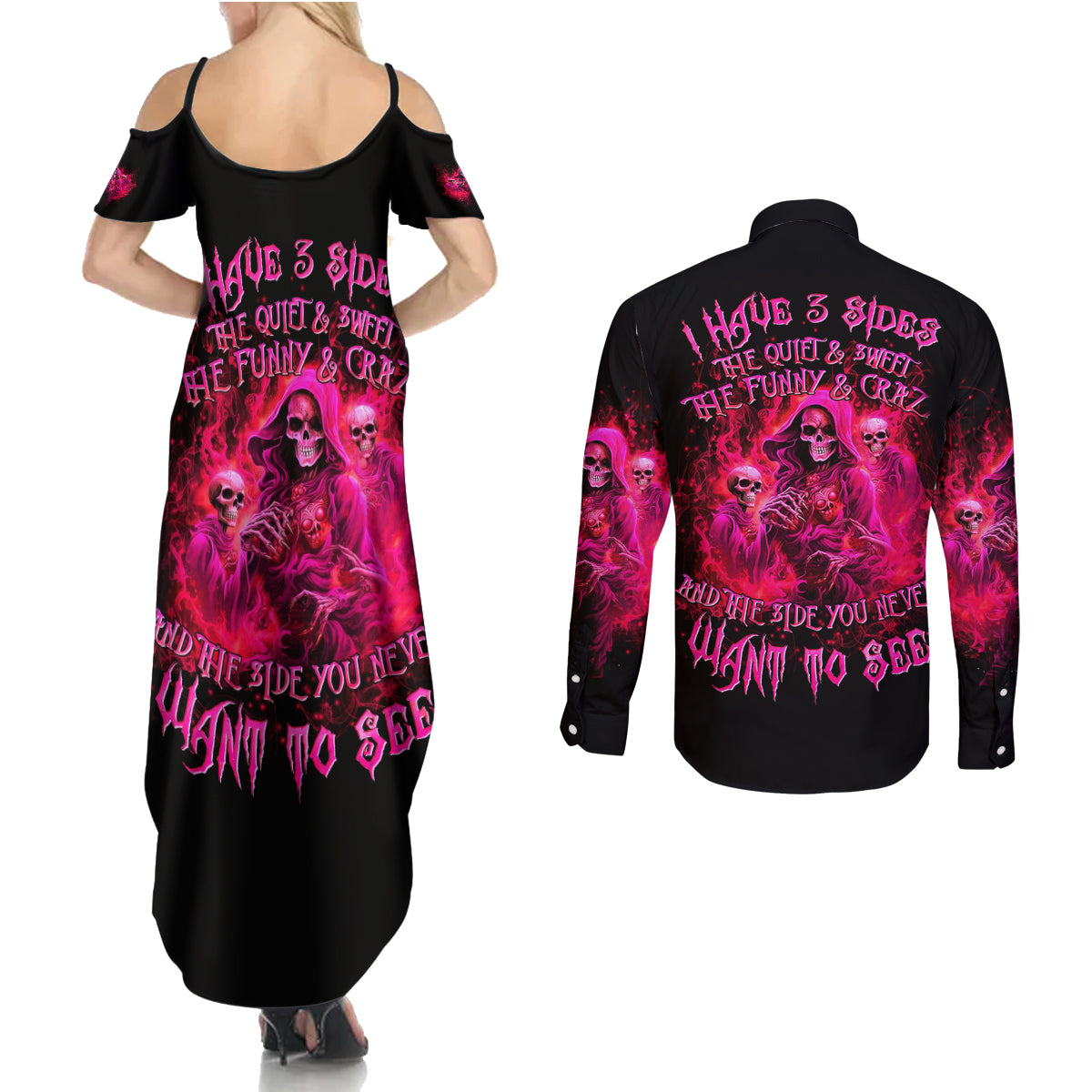 Flame Skull Couples Matching Summer Maxi Dress and Long Sleeve Button Shirt I Have 3 Sides Quite Sweet Funny Crazy And The Side You Never See - Wonder Print Shop