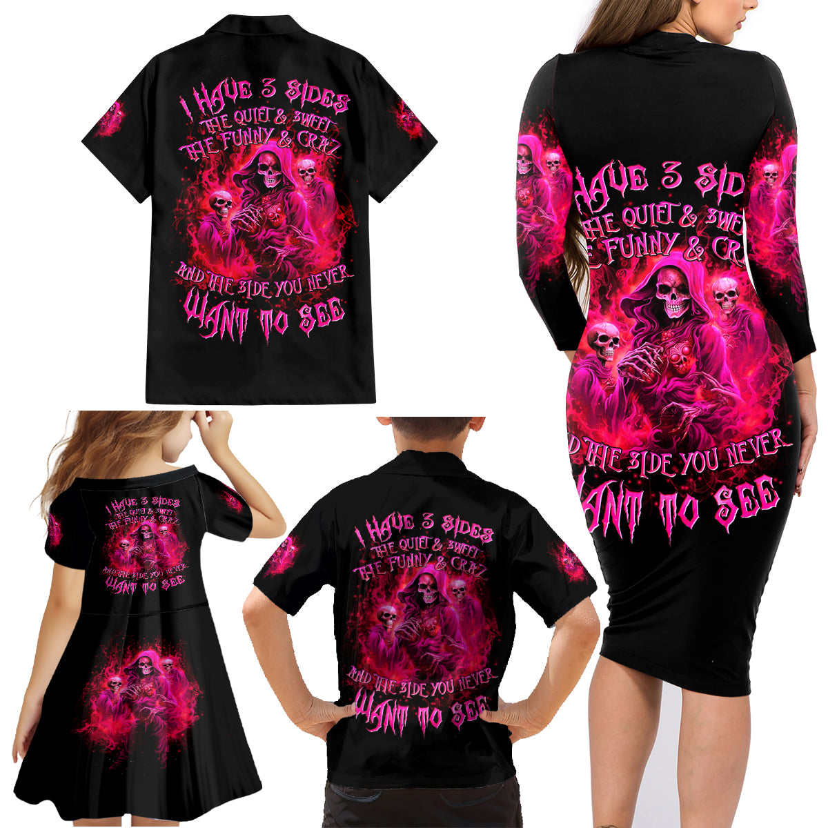 Flame Skull Family Matching Long Sleeve Bodycon Dress and Hawaiian Shirt I Have 3 Sides Quite Sweet Funny Crazy And The Side You Never See - Wonder Print Shop