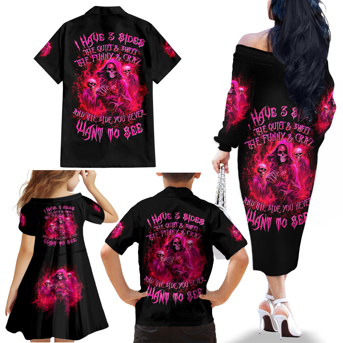 Flame Skull Family Matching Off Shoulder Long Sleeve Dress and Hawaiian Shirt I Have 3 Sides Quite Sweet Funny Crazy And The Side You Never See - Wonder Print Shop