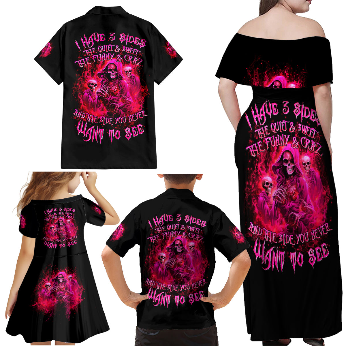 Flame Skull Family Matching Off Shoulder Maxi Dress and Hawaiian Shirt I Have 3 Sides Quite Sweet Funny Crazy And The Side You Never See - Wonder Print Shop