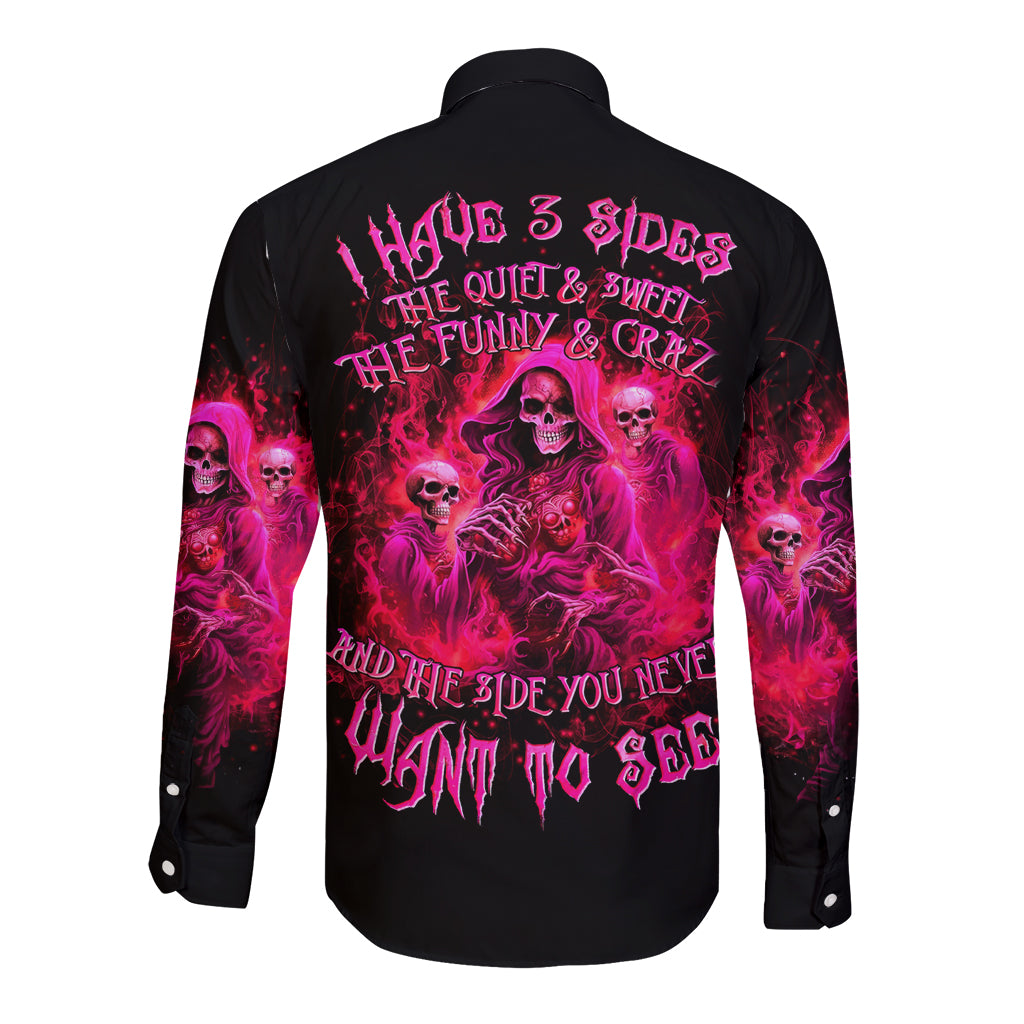 Flame Skull Long Sleeve Button Shirt I Have 3 Sides Quite Sweet Funny Crazy And The Side You Never See - Wonder Print Shop