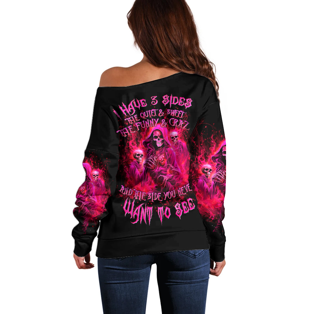 Flame Skull Off Shoulder Sweater I Have 3 Sides Quite Sweet Funny Crazy And The Side You Never See - Wonder Print Shop