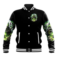 Black varsity baseball jacket with green skull front graphic and snap-button placket