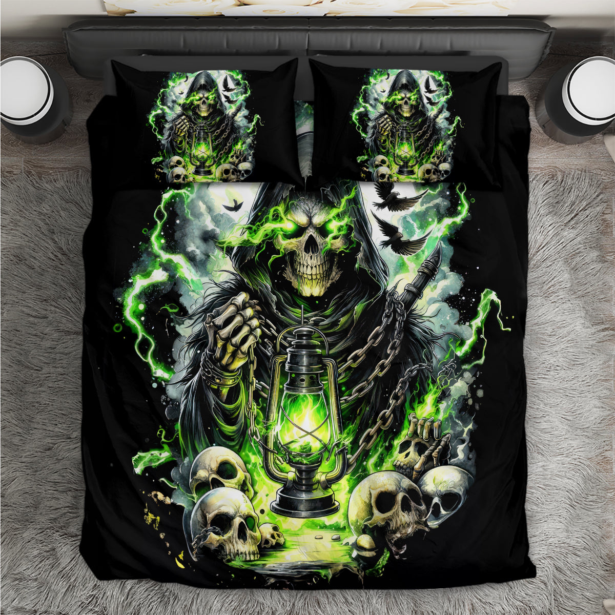 Black skull bedding set with neon green lantern artwork and two matching pillows