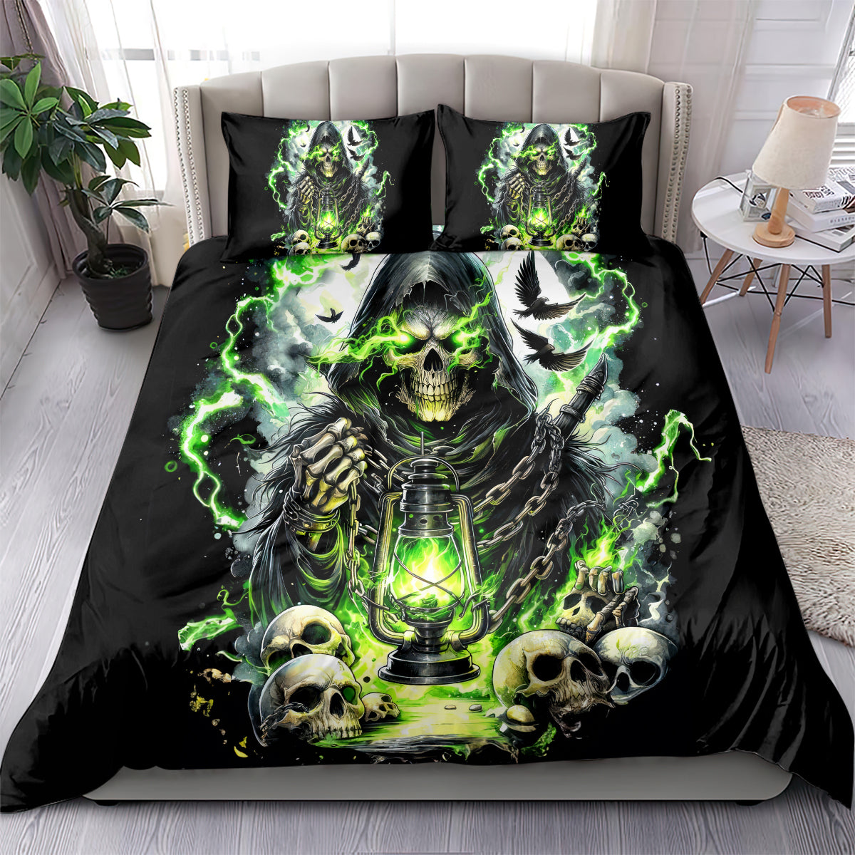 Black duvet cover with neon green skull, lantern, chains, and two matching pillowcases