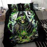 Black skull bedding set with neon green lantern and crow graphic; two matching pillows