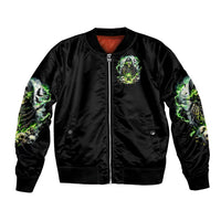 Black bomber jacket with green skull graphic front, zip-up style, ribbed hem