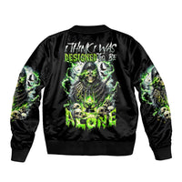 Black bomber jacket with green skull artwork on back, ribbed collar and cuffs